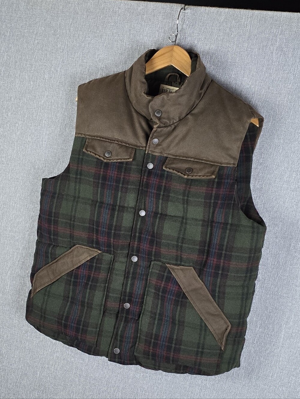 Red Head Green Plaid Quilted Puffer Vest, Brown Yoke Mens Sz L
